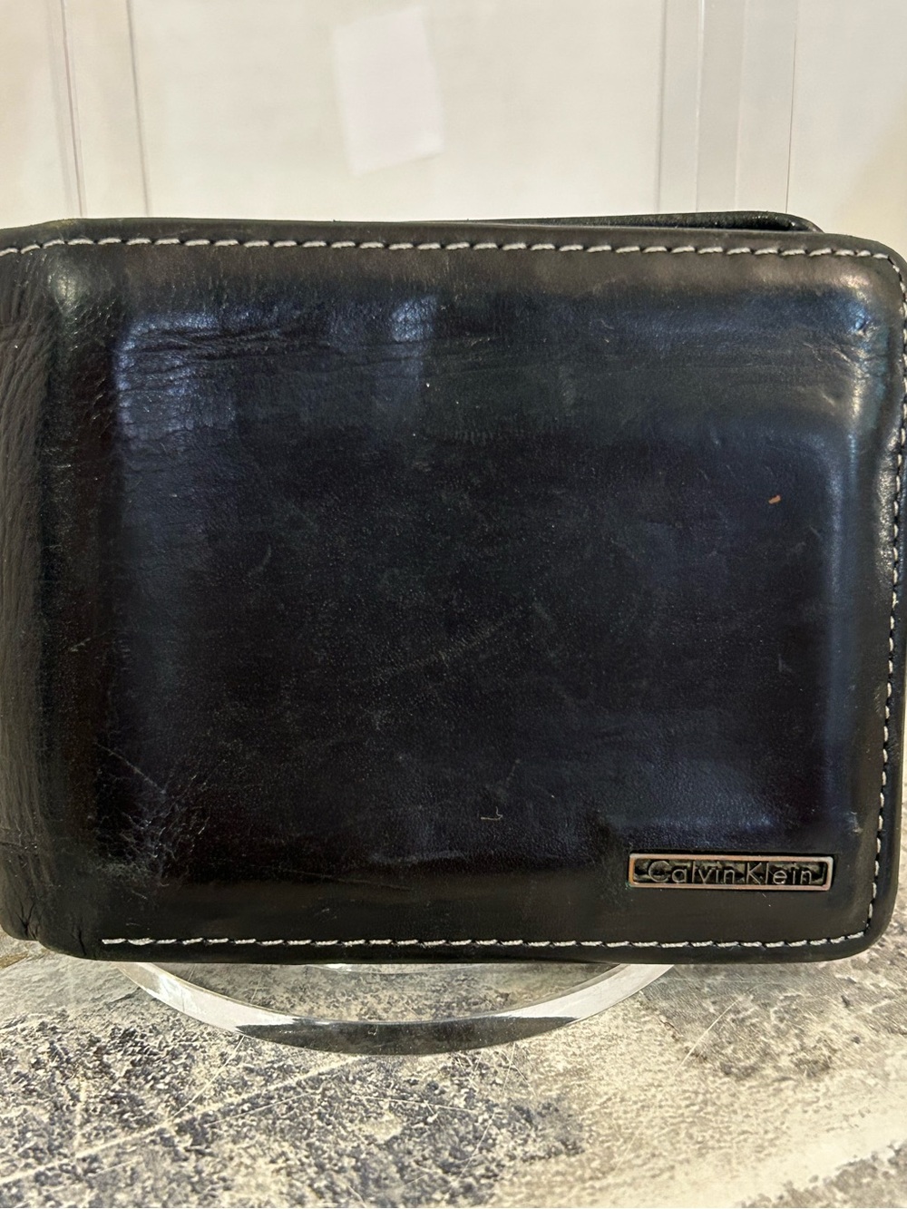 Calvin Klein Black Leather Bifold Card Holder with Stitch Trim